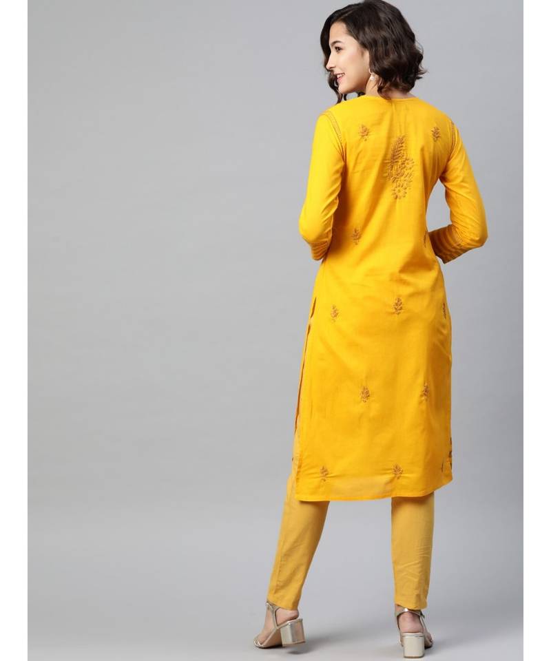 Women'S Hand Embroidered Mustard Cotton Lucknow Chikankari Women Kurta