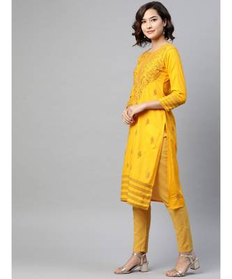 Women'S Hand Embroidered Mustard Cotton Lucknow Chikankari Women Kurta 1