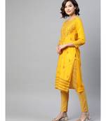 Women'S Hand Embroidered Mustard Cotton Lucknow Chikankari Women Kurta
