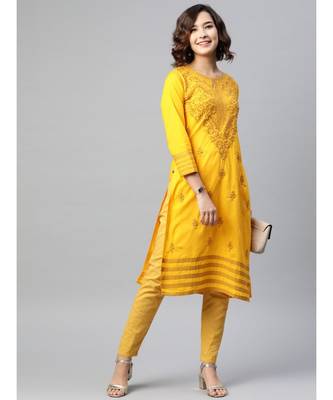 Women'S Hand Embroidered Mustard Cotton Lucknow Chikankari Women Kurta 4