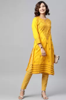 Women'S Hand Embroidered Mustard Cotton Lucknow Chikankari Women Kurta