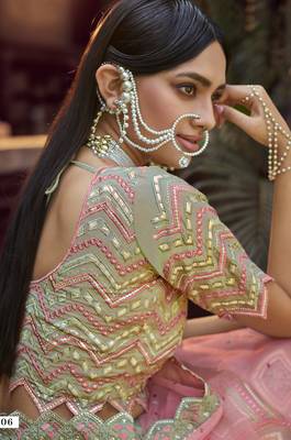 Green gota and resham embroidered organza Semi Stitched wedding Lehenga 5