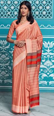 Orange printed manipuri silk saree with blouse 2