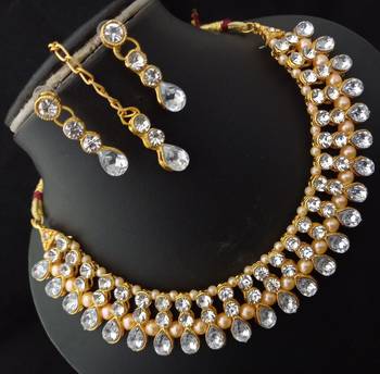 White Kundan CZ Pearl Designer 4pc Full Jewellery Set 1