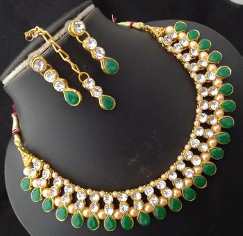 White Green Kundan CZ Pearl Designer 4pc Full Jewellery Set 1