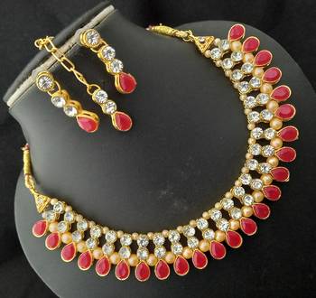 White Red Kundan CZ Pearl Designer 4pc Full Jewellery Set 1