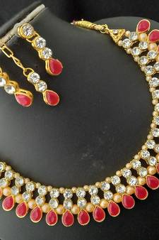 White Red Kundan CZ Pearl Designer 4pc Full Jewellery Set