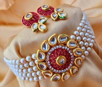 Red Meenakari Kundan Pearl Bandhai Chokar Jewellery set 1