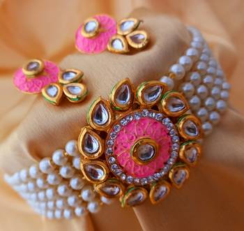 Pink Meenakari Kundan Pearl Bandhai Chokar Jewellery set 1