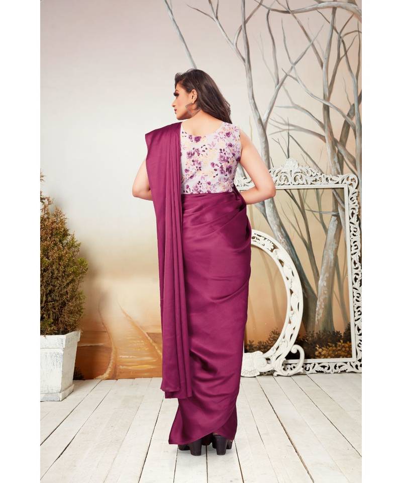 purple plain satin saree with blouse