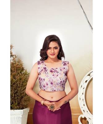 purple plain satin saree with blouse 5