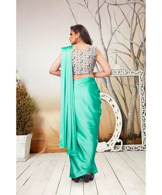 green plain satin saree with blouse 4