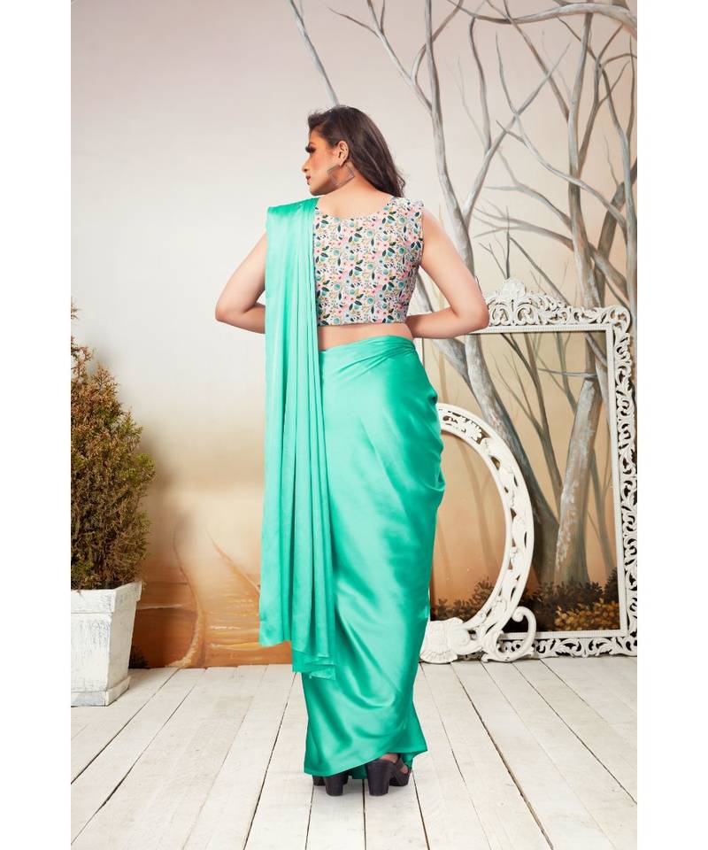 green plain satin saree with blouse