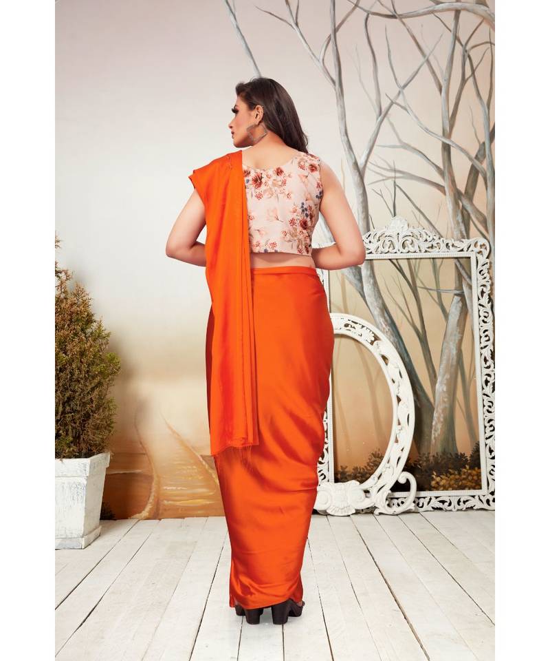orange plain satin saree with blouse