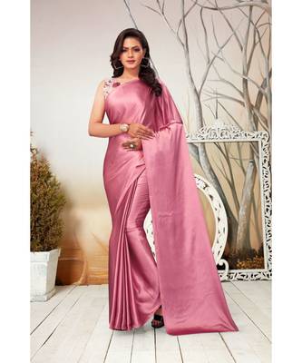 pink plain satin saree with blouse 1