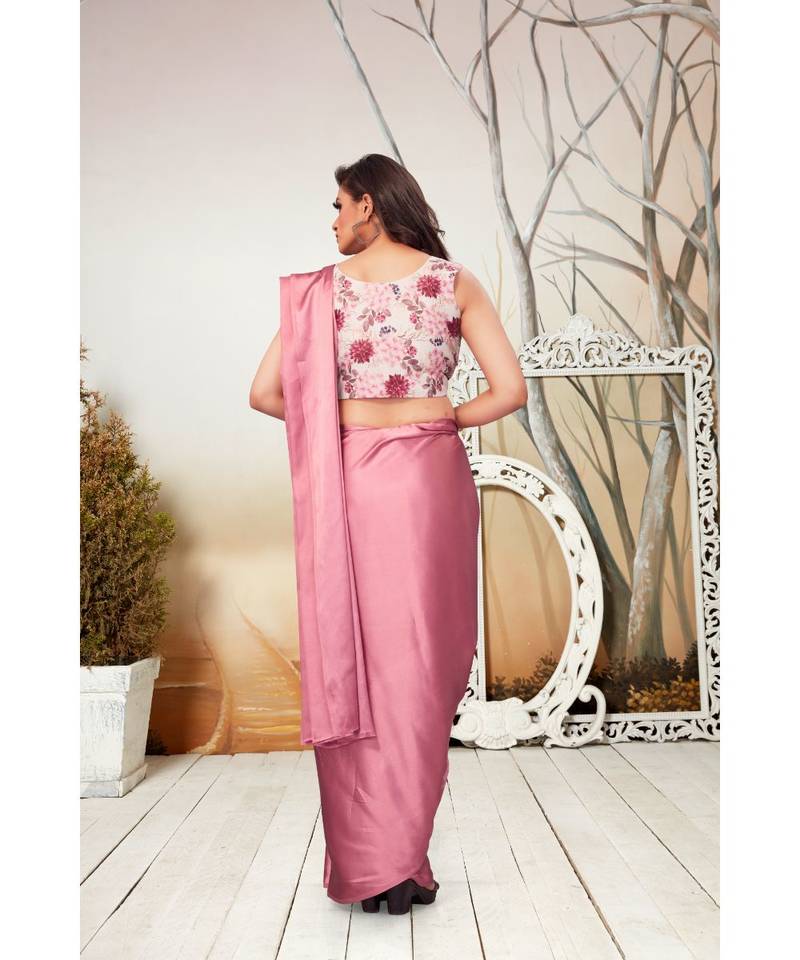 pink plain satin saree with blouse