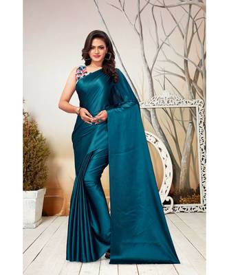 blue plain satin saree with blouse 1