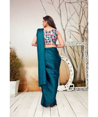 blue plain satin saree with blouse 4