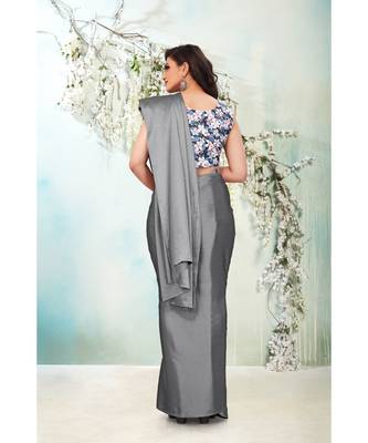 grey plain satin saree with blouse 5