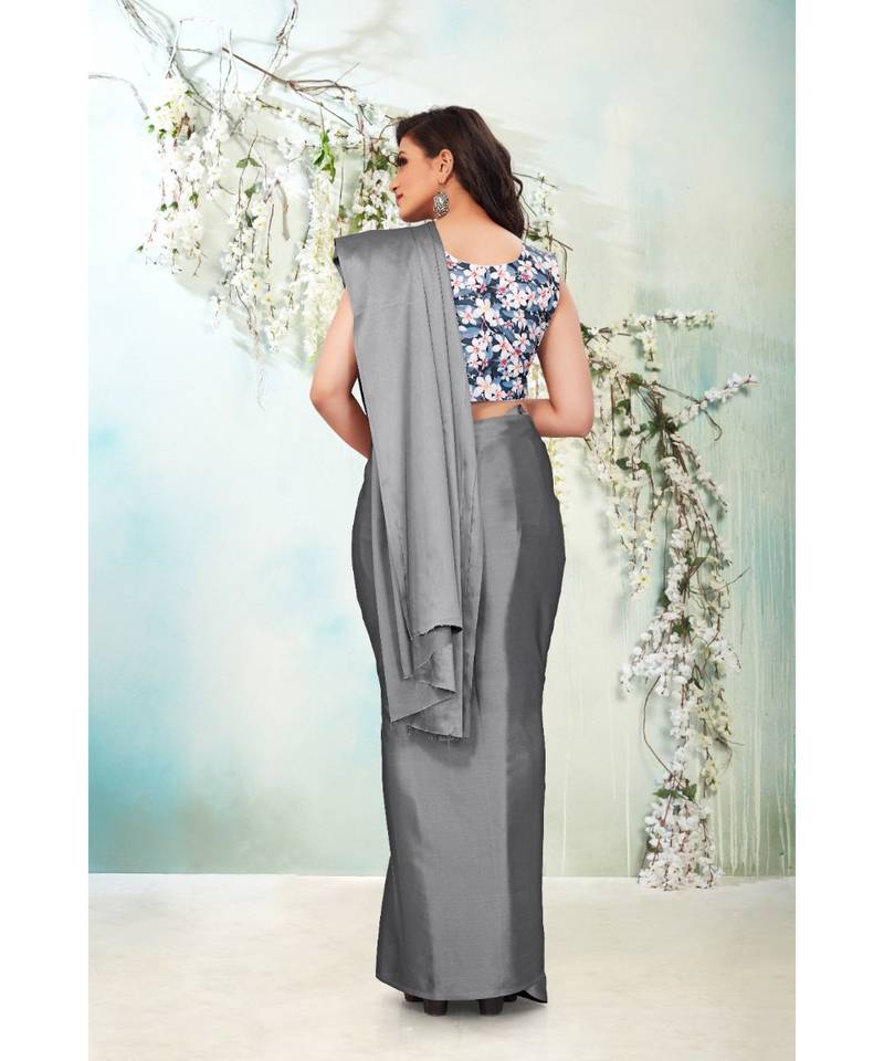 grey plain satin saree with blouse