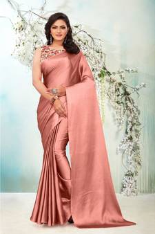 Peach plain satin saree with blouse