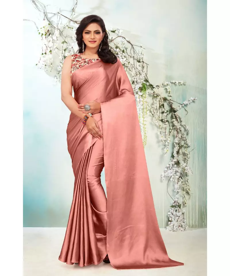 Peach plain satin saree with blouse