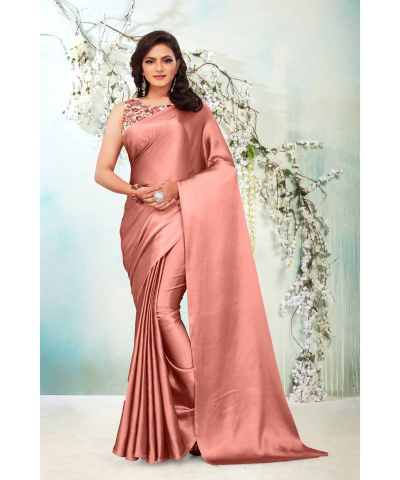 Peach plain satin saree with blouse