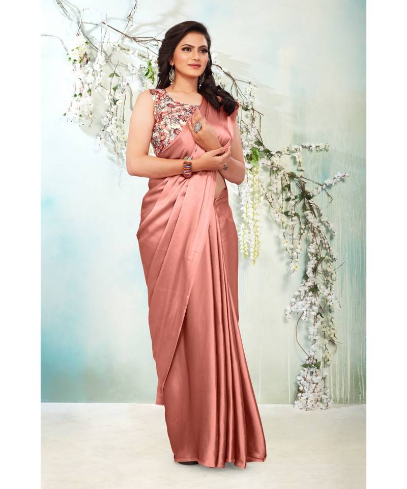 Peach plain satin saree with blouse