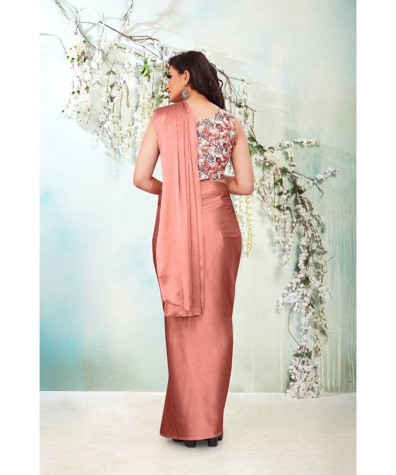 Peach plain satin saree with blouse