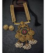 Golden Necklace Set in Pink and Green Kundan Stone