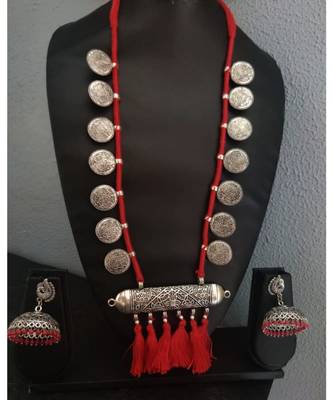 Red Tassel Necklace set In silver Coin 1