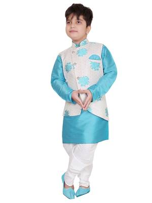 Blue plain cotton silk boys-kurta-pyjama 1