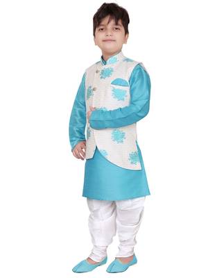 Blue plain cotton silk boys-kurta-pyjama 3