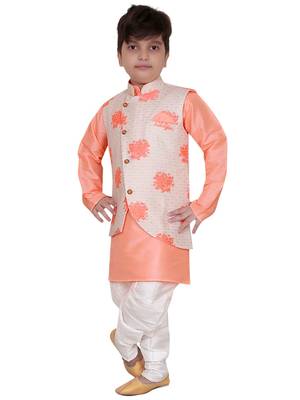 Orange plain cotton silk boys-kurta-pyjama 3