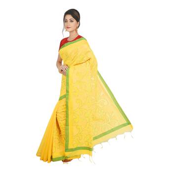 Yellow embroidered cotton silk saree  1