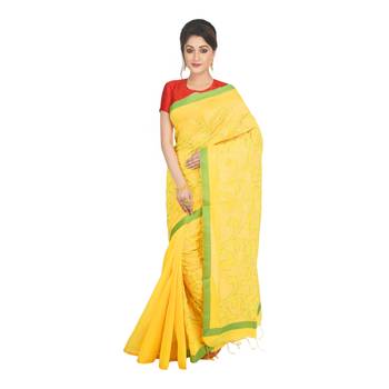 Yellow embroidered cotton silk saree  2
