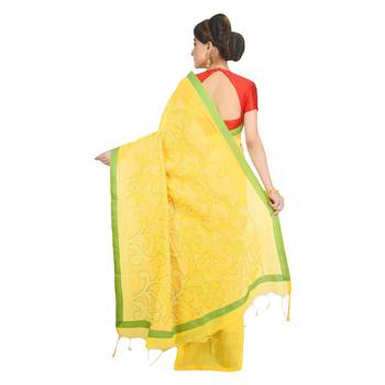 Yellow embroidered cotton silk saree  3