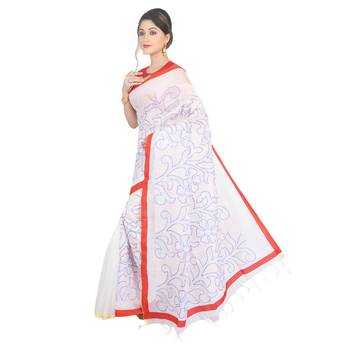 White embroidered cotton silk saree  1