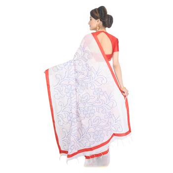 White embroidered cotton silk saree  3