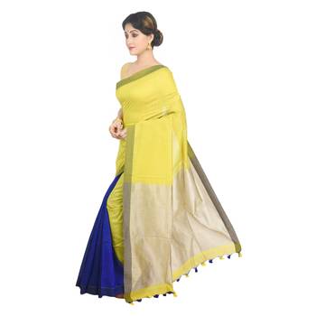 Yellow plain cotton silk saree  1