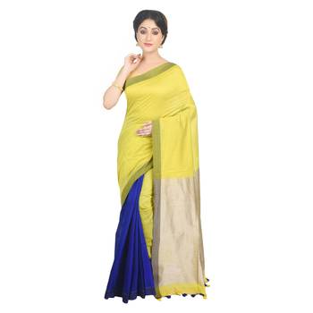 Yellow plain cotton silk saree  2