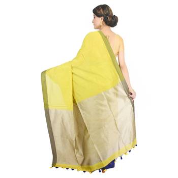 Yellow plain cotton silk saree  3
