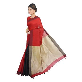 Red plain cotton silk saree  1
