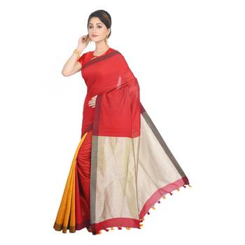 Red plain cotton silk saree  1