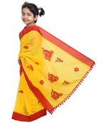 Yellow embroidered cotton silk saree with blouse