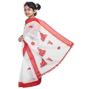 White embroidered cotton silk saree with blouse 1
