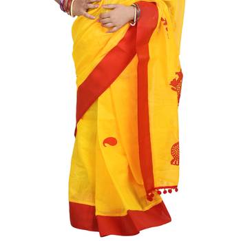Yellow embroidered cotton silk saree with blouse 4