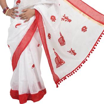 White embroidered cotton silk saree with blouse 4