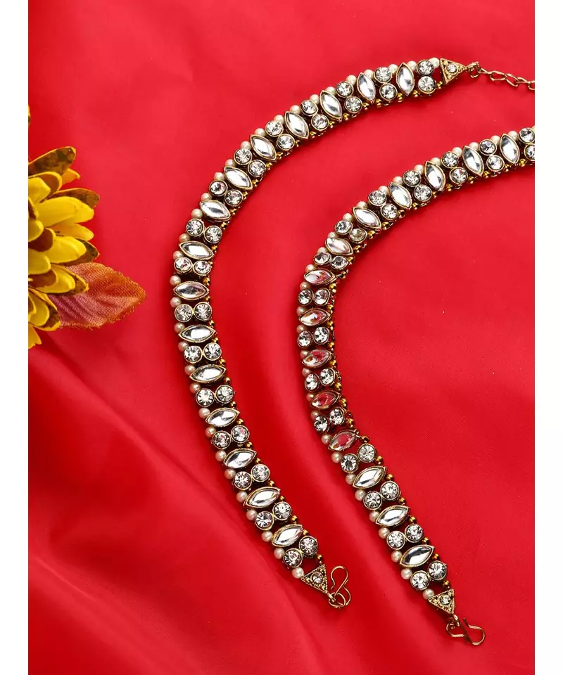 Gold Plated Designer Kundan Anklet for Bridals Women And Girls Onesize White