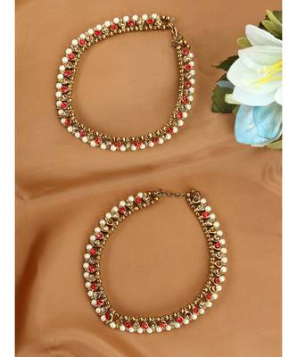 Gold Plated Designer Kundan Anklet for Bridals Women And Girls Onesize Maroon 1